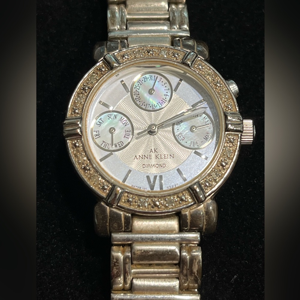 Anne Klein Silver Tone Diamond Accents. Chronograph Water Resistant Watch